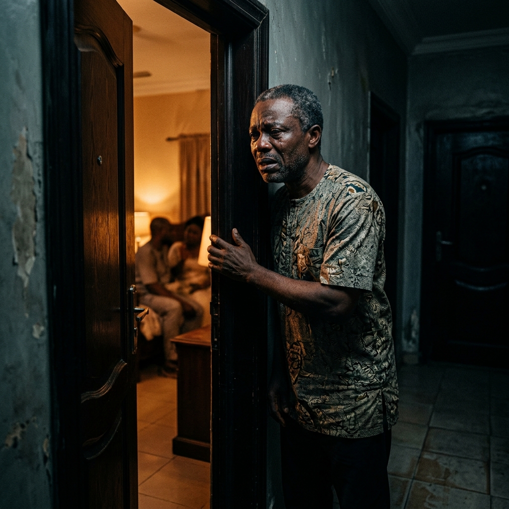 Devastated man listening outside door